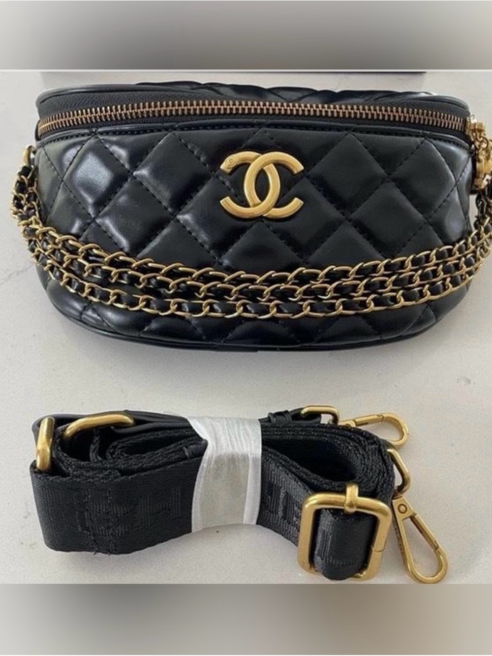 CHANEL Black Quilted Leather Crossbody Belt Bag with Gold Chain